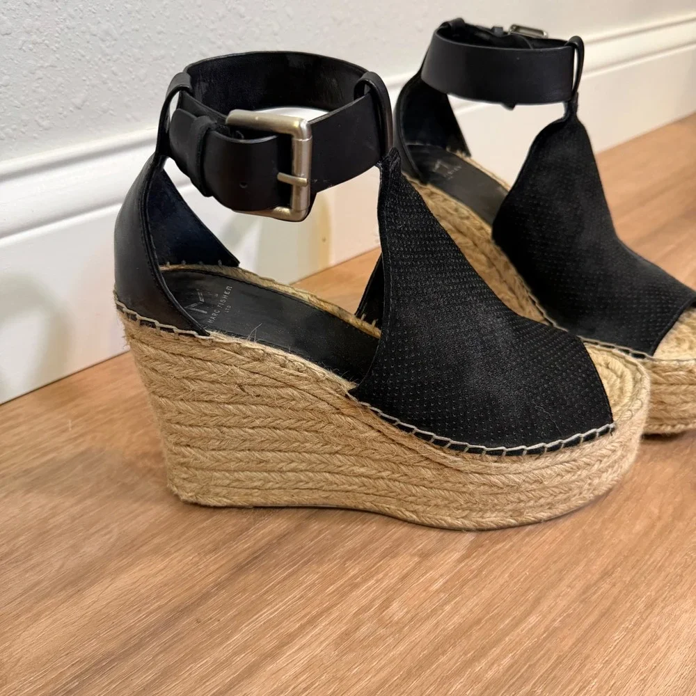 Marc Fisher MLANNIE Wedge Sandal Women 7.5 Black Leather Espadrille Platform